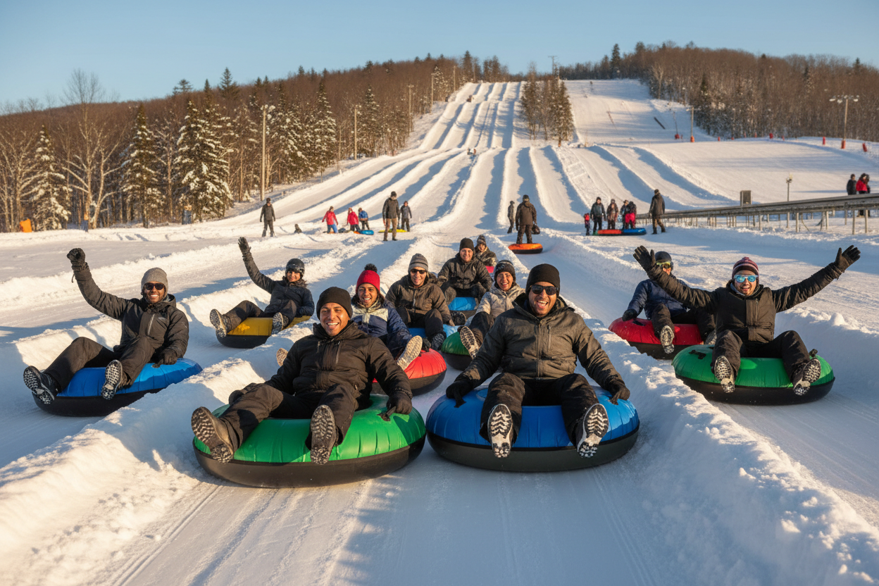 mixed races adults snow tubing at camelback